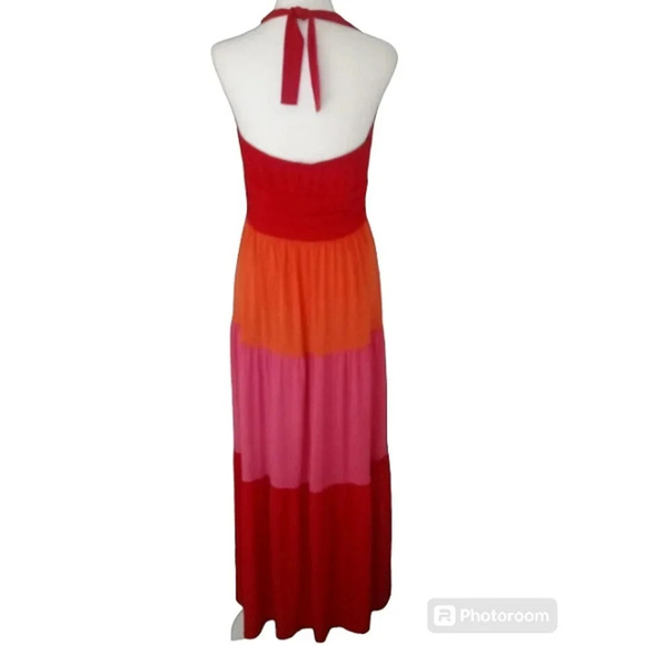Muse Multicolor Tiered‎ Halter Style Maxi Dress Stretchy Red Orange Pink Size 12 - Picture 4 of 6